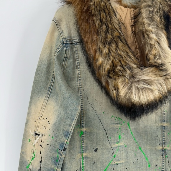 Rockstar Original Fur Trim Denim Paint Splatter Hooded Jean Jacket L - Picture 12 of 16